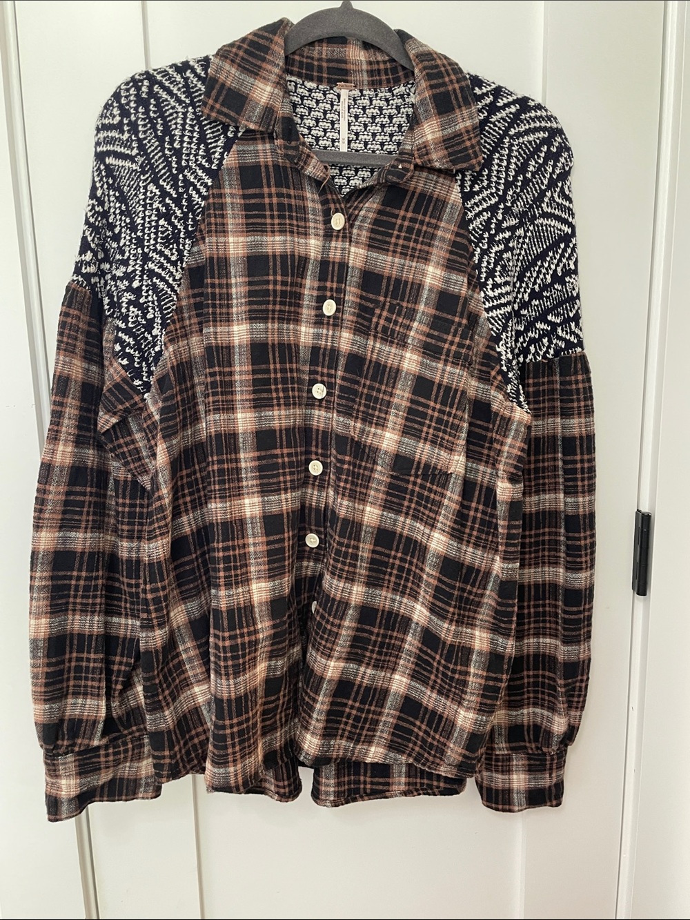Free People Plaid Button-Down Shirt with Black & Cream Knit Yoke